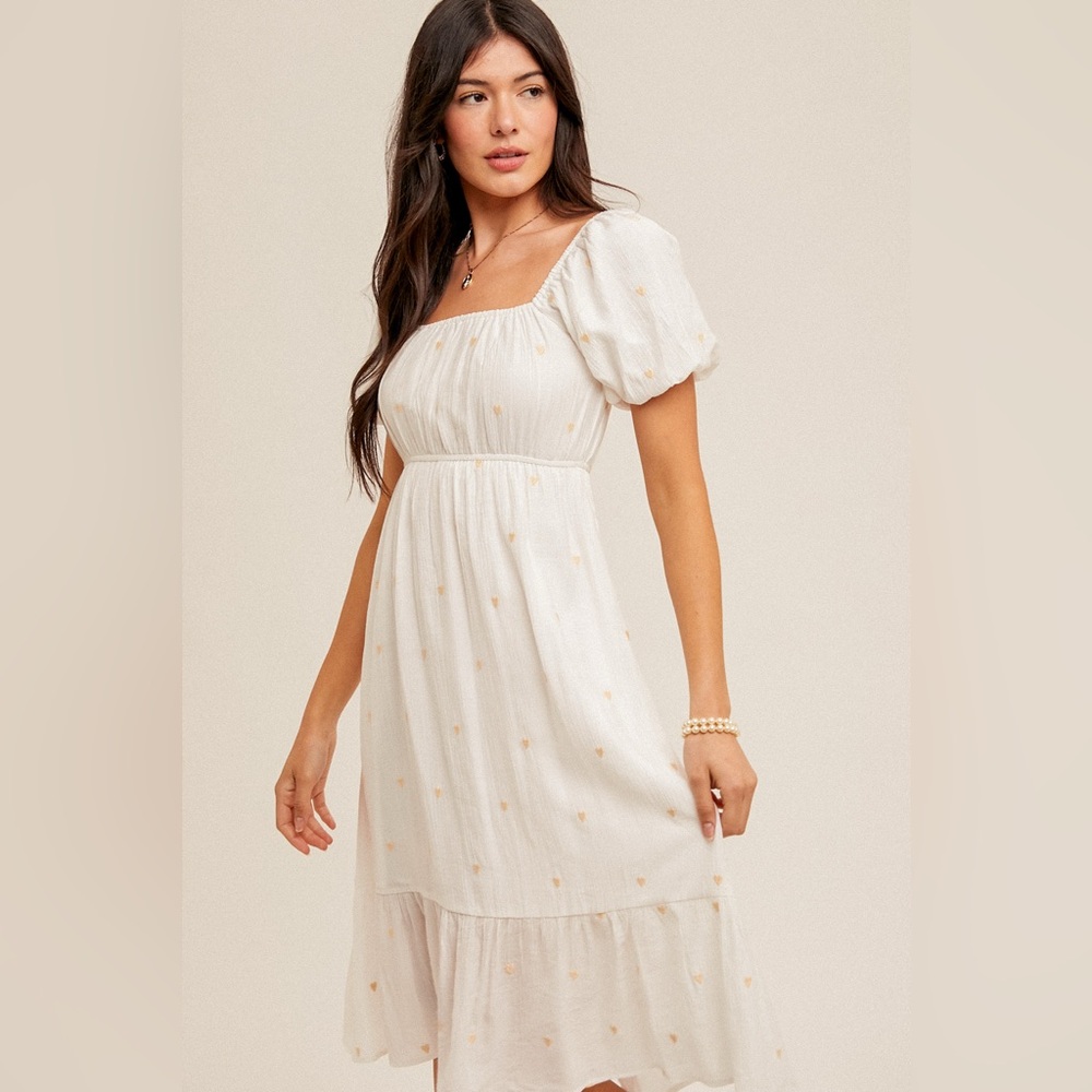 Hem & Thread White Embroidered Hearts Midi Dress with Puff Sleeves